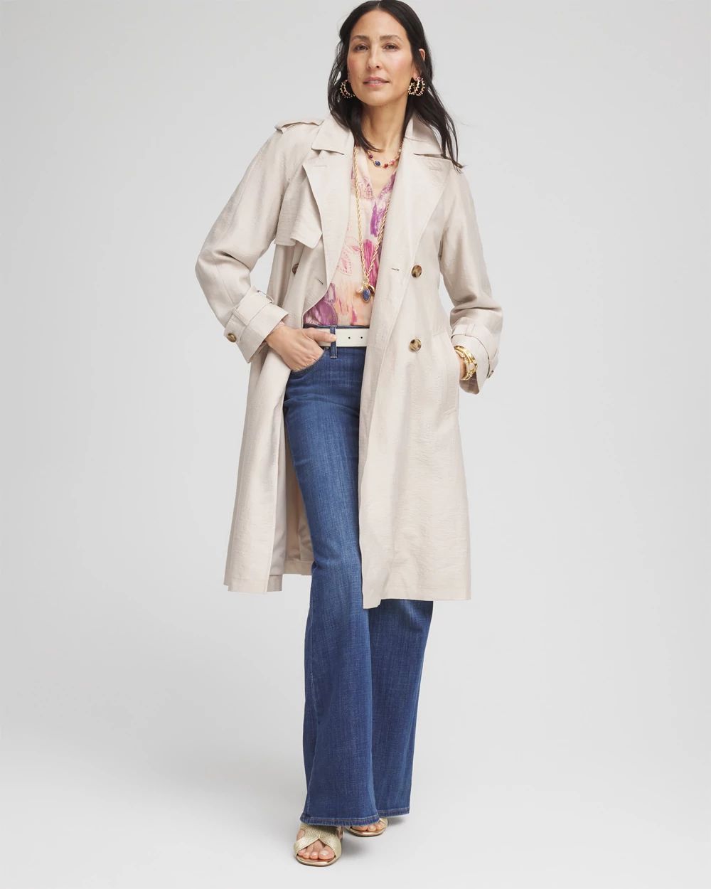 EXPRESS Beige Double Breasted No Belt Rain Slick Trench Coat